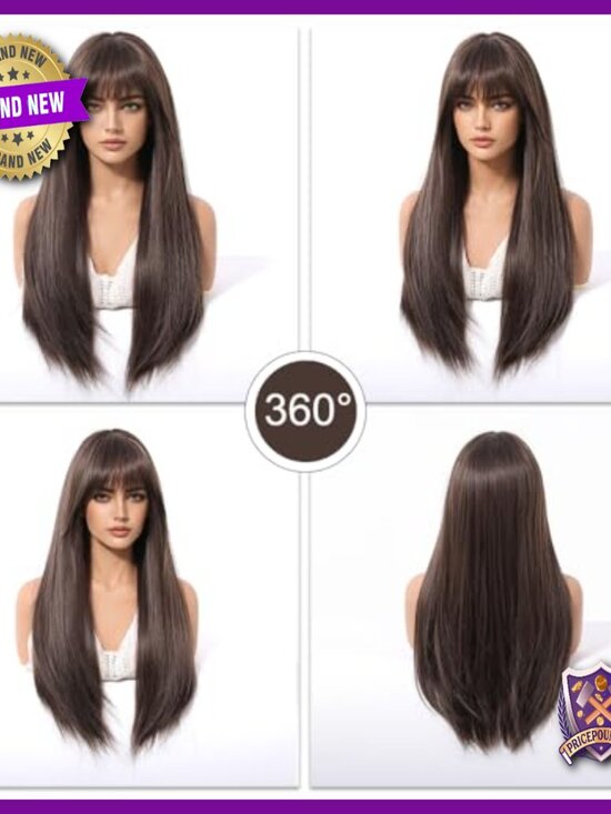 26 Inch Human Hair Wig Straight Layered Bangs Lightweight Natural Look main image 4